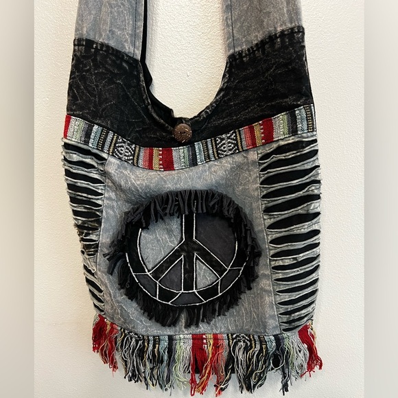 Boho Hippie Peace Fringe Shoulder Hobo Black Bag - Picture 2 of 5